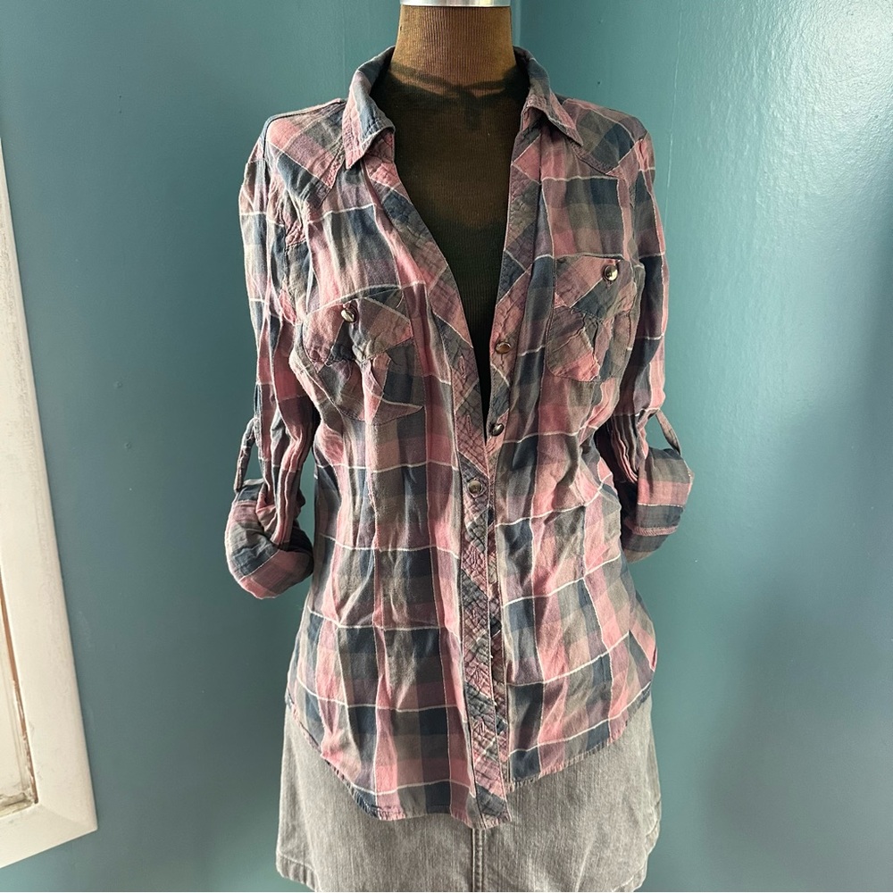 Charlotte Russe Pink and Blue Checkered Button-Down Shirt
